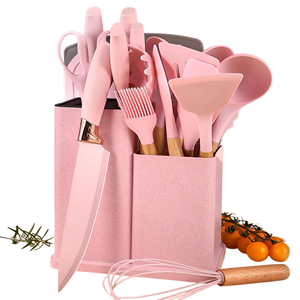Ensemble d'ustensiles de cuisine en silicone écologiques de 19 pièces avec des poignées en bois, une planche à découper et un seau de rangement - Product Image 1