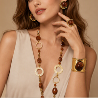 Parure de bijoux en résine marron chaud, collier perlé, bracelet manchette, bague, boucles d'oreilles, en alliage plaqué or 18 carats, sculpturale, unisexe, cadeau de fiançailles