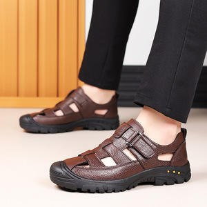 Men's Leather Cross Strap Sandals Breathable Hollow Out Soft Sole Slip On Driving Shoes Black Brown 9016 - Product Image 2