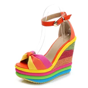 Zapatos Mujer Plataforma Elevadora Sandal Platform Hak Tinggi Wedge Pelangi Desain Cantik Warna-warni untuk Wanita