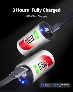 EBL có thể sạc lại <span class=keywords><strong>D</strong></span> Pin 4 gói <span class=keywords><strong>lithium</strong></span> với 7500mwh 1.5V 2 USB-C phí cáp lý tưởng cho Flameless nến và đèn pin - Product Image 6