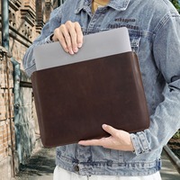 Carpeta de documentos A4 de cuero genuino y funda delgada para computadora portátil MacBook Soporte de 14 pulgadas Producto de archivo conveniente