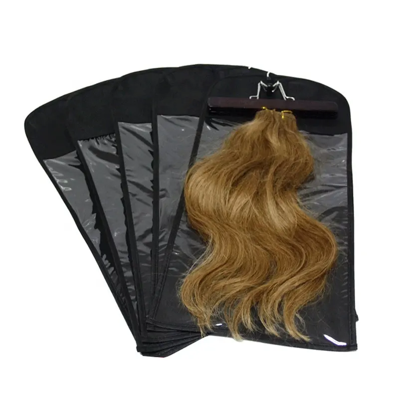 Özel Logo peruk saç uzatma ambalaj ahşap askıları ile fermuar çanta toptan saç askı çanta peruk depolama