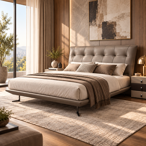 Letto imbottito in ecopelle marrone fumo con testiera capitonné a ali e telaio a profilo basso per hotel, appartamenti e camere da letto - Product Image 1