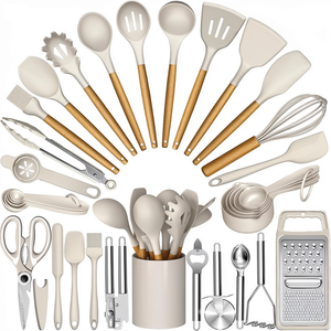 Juego de utensilios de cocina de silicona Umite Chef Khaki, 34 piezas, resistentes al calor, con mango de madera, herramientas de cocina, rallador, espátula antiadherente - Product Image 1