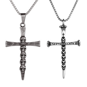 Collier croix en acier inoxydable avec pendentif tête de mort, bijoux de mode unisexe en argent antique SP980 - Product Image 1