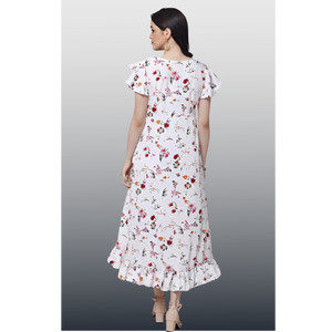 Robe d'été décontractée et respirante à volants asymétriques et manches évasées en crêpe doux et léger pour femme UNITY LUXURE - Product Image 2