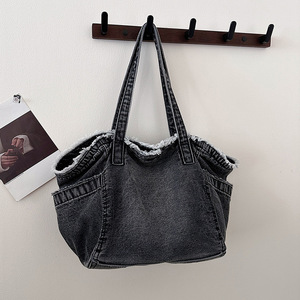 Bolso de mano de lona vaquera desgastada vintage con logotipo personalizado al por mayor, bolso de hombro individual para mujer, bolso de compras diario informal - Product Image 3