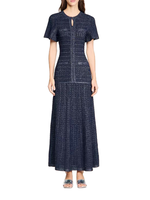 Nuevas llegadas: Vestido casual de Ramadán hasta la rodilla con cuello de burbuja brillante y manga perforada de estilo francés de alta costura.