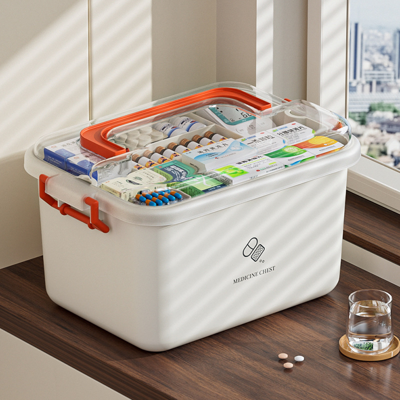 Portable Rectangle Plastic First-Aid Medical Kit with Large Capacity Medicine Storage Box for Household Emergency Use
