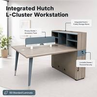 Poste de travail modulaire contemporain en L double avec écran de confidentialité bleu ardoise, meuble supérieur et tiroir verrouillable, support de barre blanc