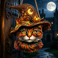 Panneau décoratif mural en bois 2D fait main et durable pour Halloween, motif chat en chapeau, pour porte d'entrée et usage intérieur