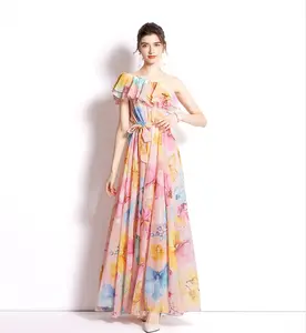 C CLOTHING New Irregular Slanted Shoulder Maxi Dresses Sundress Floral Chiffon Dress Elegant Sexy Long Dress