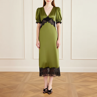 Robe midi élégante en satin vert olive sur mesure, avec bordure en dentelle noire, col en V, manches courtes bouffantes, robe de soirée pour femmes
