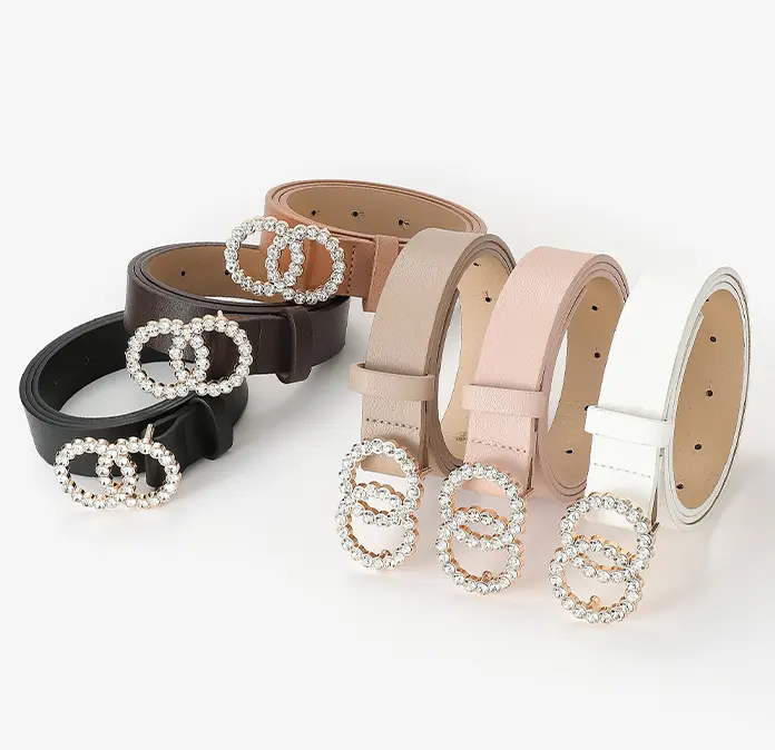 Newest Catalogue PU Leather Double Circle Diamond Belt Women Clothing Accessories Famous Brand Designer Belts