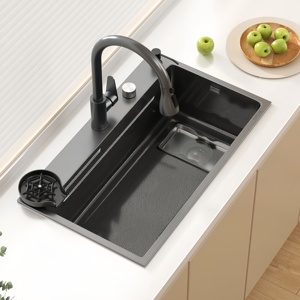 Fregadero de cocina de acero inoxidable SUS304 gris plomizo nano de 5 mm de espesor, hecho a mano, de un solo tazón grande, para recogida de residuos - Product Image 1