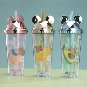 Double Walled Plastic Straw Cup Mickey Mouse Ears Cartoon Fruit Design Student Portable Water Bottle 500Ml - Product Image 1