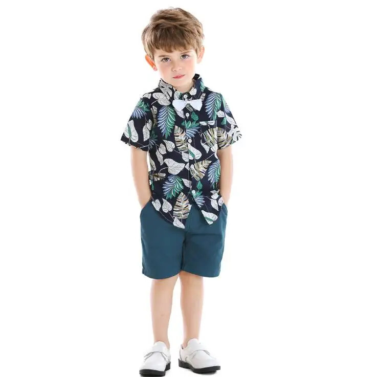 wholesale price leaf printed little boy clothes sets bowknot shirt short pants cheap summer baby clothes boy