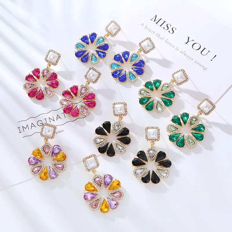Hot sale exaggerate crystal glass diamond flower stud earrings colorful CZ rhinestone drop earring for women bride