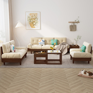 Japanese Style Cloud <b>Sofa</b> Natural Wood Creamy Color Minimalist Modern U Shape Living Room Upholstered <b>Foam</b> Filled - Product Image 3