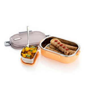 Lonchera de Acero Inoxidable con 2 Compartimentos y Tapa de Plástico Hermética, Lonchera Portátil, Lonchera para Oficina - Product Image 1