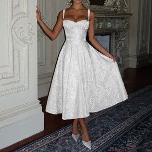 فستان أنيق بخصر طبيعي وتصميم ملفوف على شكل حرف A من الساتان والدانتيل للنساء، مناسب للربيع والصيف، فستان كاجوال متوسط الطول بلون موحد وجذاب للحفلات - Product Image 1