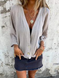 เสื้อยืดทรงหลวมแบบใหม่สำหรับผู้หญิง เสื้อเชิ้ตผ้าลินินลำลองคอวีแฟชั่น - Product Image 6