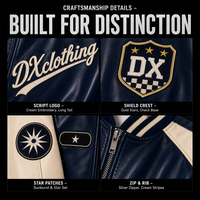 Blouson universitaire personnalisé bleu marine et crème en cuir PU végétalien avec patch tissé à motif script, col côtelé rayé, fermeture éclair intégrale pour fabricants OEM ODM de marques
