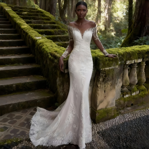 حورية البحر الحديثة فستان الزفاف بأكمام طويلة الخامس الرقبة عارية الذراعين الدانتيل التخسيس بسيط قطار الاجتياح زائد الحجم - Product Image 6