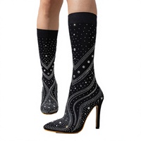 Chaussures de créateur Bling 2026 pour femme, talons aiguilles en tissu extensible orné de strass, imperméables, à bout pointu, mi-mollet, printemps-automne