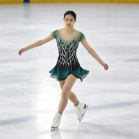 Robe de patinage artistique à manches longues, dégradé vert foncé, tissu en maille avec strass pour enfants et adultes, compétition sur glace