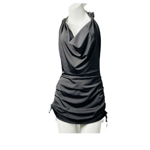 Halter Backless Bodycon <b>Dress</b> Black Satin Drawstring Club Wear - Product Image 1