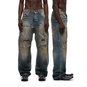 OEM <strong>Mens</strong> High Level <strong>Jeans</strong> 5-Pocket Style Button Fly Sun-Fade Dirty Wash Repaired <strong>Workers</strong> <strong>Jeans</strong> denim wholesale - Product Image 1