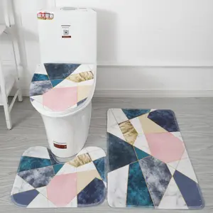 Blue Pink Geometry Non Slip Absorbent Bathroom Mat U-Shaped Toilet Floor Bath Rug Mat 3 Pcs Set