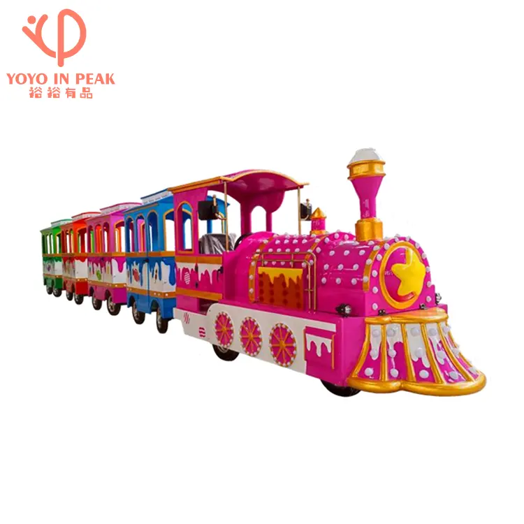 مصنع رخيص 24 مقعد قطار كهربائي سياحي للأطفال البالغين بطارية مراكز تسوق قطار تقليدي بدون درب