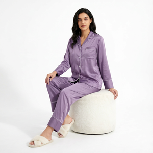 Custom Made Solid Simple Soft <b>Satin</b> Lavender Pajama Set for Women Elastic Waist Sleepwear with <b>Pyjama</b> Available in Various Color - Product Image 1