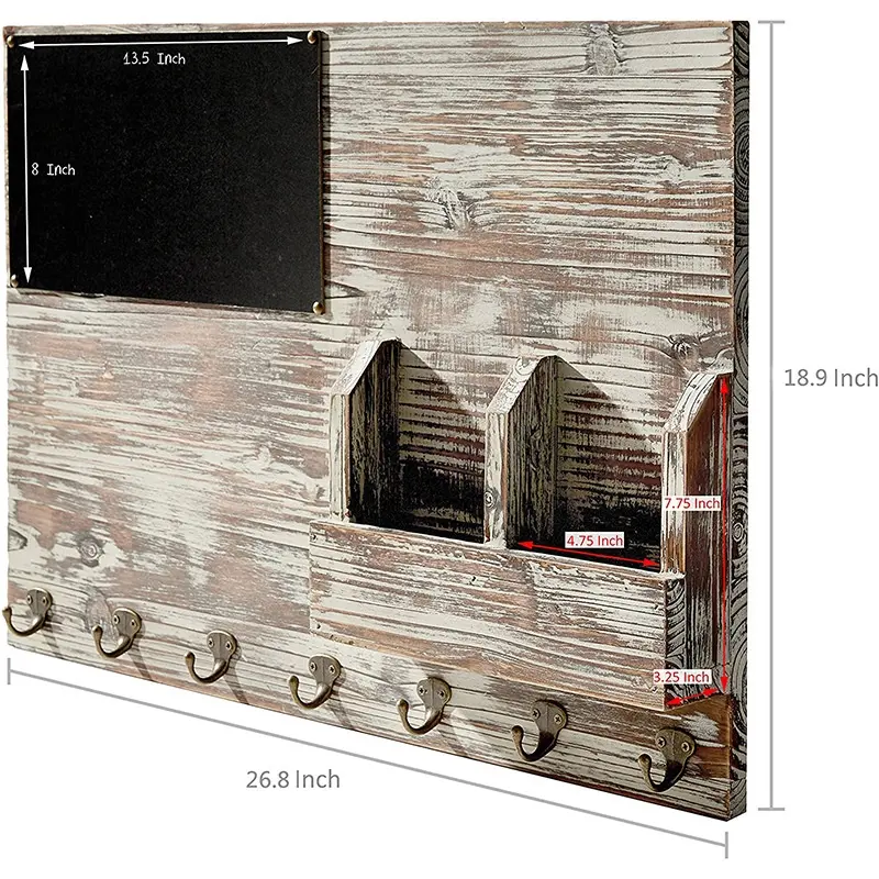 Torched Wood Wall Mounted Mail Organizer With Chalkboard, Memo Clips and Key Hooks Mail Sorter Wooden Key Holders