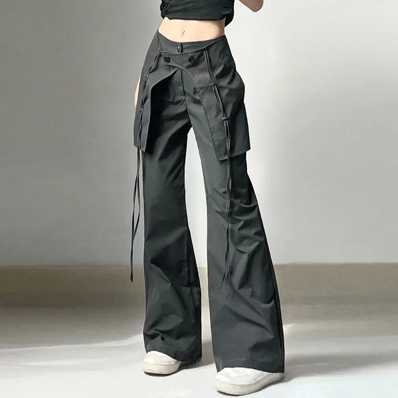 Pantaloni Streetwear per ragazze all'ingrosso pantaloni Cargo a vita alta con tasca pantaloni Casual da donna pantaloni a gamba larga
