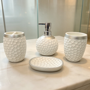 Ensemble d'accessoires de salle de bain blancs en relief nid d'abeille <span class=keywords><strong>3D</strong></span> : distributeur de <span class=keywords><strong>savon</strong></span>, gobelet, <span class=keywords><strong>porte</strong></span>-brosse à dents, <span class=keywords><strong>porte</strong></span>-<span class=keywords><strong>savon</strong></span> pour comptoir de salle de bain - Product Image 3