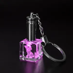 wholesale Square Cube Flashlight LED Keychain Crystal custom 3d laser engraving car logo crystal led keychain for business gift