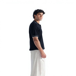 Polo de Punto Negro para Hombre, Manga Corta, Color Sólido, Estilo Casual, Tela de Algodón Antiarrugas, Largo Regular - Product Image 3