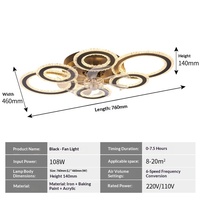 Ventilateur de plafond LED circulaire à 6 anneaux en fer, 110W, variateur d'intensité + télécommande 2.4G, 110V, montage en surface, CRI 90 élevé pour salon et chambre à coucher