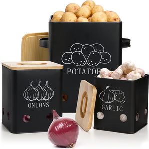 Vegetable Storage Tins, Metal Onion Garlic <strong>Potato</strong> Jars Set, Kitchen Canisters Vegetable Keeper <strong>Containers</strong> with Wooden Lid - Product Image 4