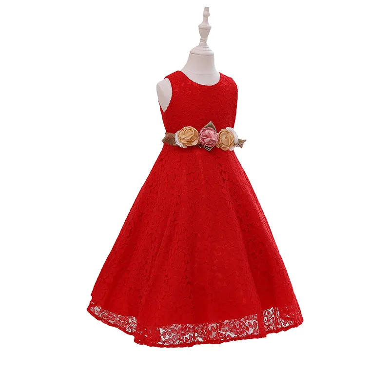 Çevik yeni stil kolsuz dantel uzun çocuklar kız resmi kırmızı A-line çiçek kız elbise düğün parti için