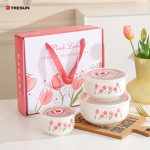 Juego de Regalo de Tres Piezas, Tazón de Cerámica con Diseño Floral, Tazón para Mantener la Frescura, Regalo Personalizado, Juego de Tazones para Conservar la Frescura - Product Image 2