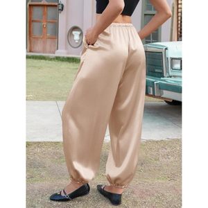 Womens Satin Harem <b>Pants</b> Elastic Waist Drawstring Loose Fit Casual Workout <b>Pants</b> With Pockets Mid Waist Barrel Leg Style - Product Image 5