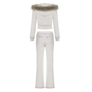 Nuovi Arrivi Autunno Inverno Completo Donna con Giacca Corta con Cappuccio e Patchwork in Pelliccia e Pantaloni Lunghi Set Due Pezzi Casual - Product Image 4