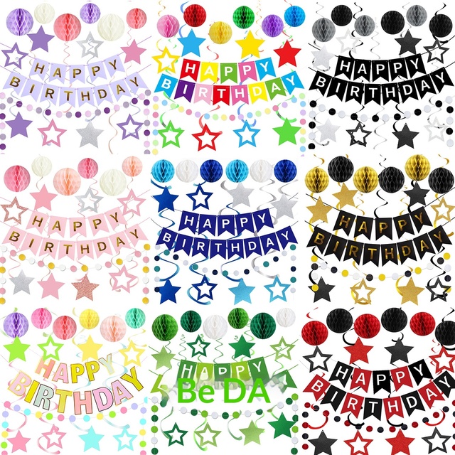 Birthday Decor Set with Stars, Spirals, Honeycomb Balls & Bunting - Multi-Color Party Kit for Wall & Ceiling