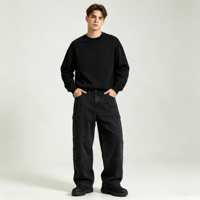 Pantalon en jean utilitaire pour homme, noir délavé, coupe ample à jambe large, poches à rabat, style streetwear, OEM, personnalisable, vente en gros, en vrac