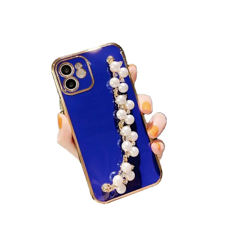 เคสโทรศัพท์ประดับมุกสีทองสำหรับ iPhone 14 13 12 11 PRO MAX XR XS MAX เคสข้อมือเพชรมันวาวแบบนิ่มสำหรับ iPhone 6S 7 8 PLUS